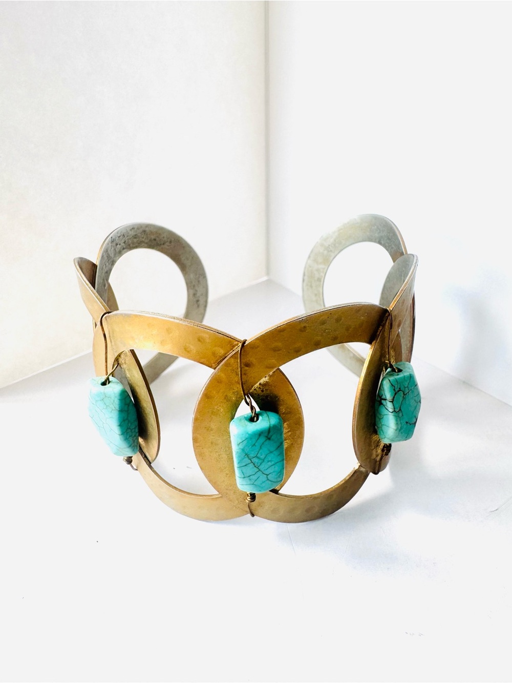 Vintage Brass Cuff Bracelet with Turquoise Accents